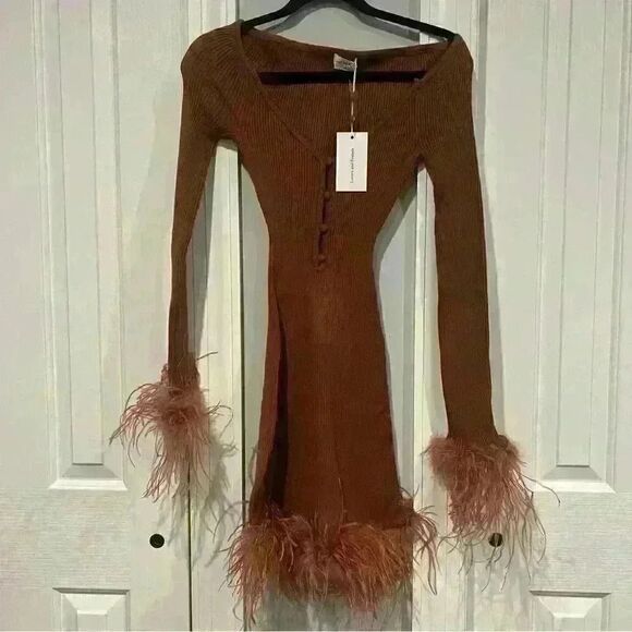 Lovers and Friends Jalen Feather Mini Dress in Cocoa - Picture 3 of 5